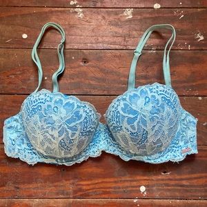 Pink Victoria’s Secret Blue Floral Lace Date Push Up Bra 34B